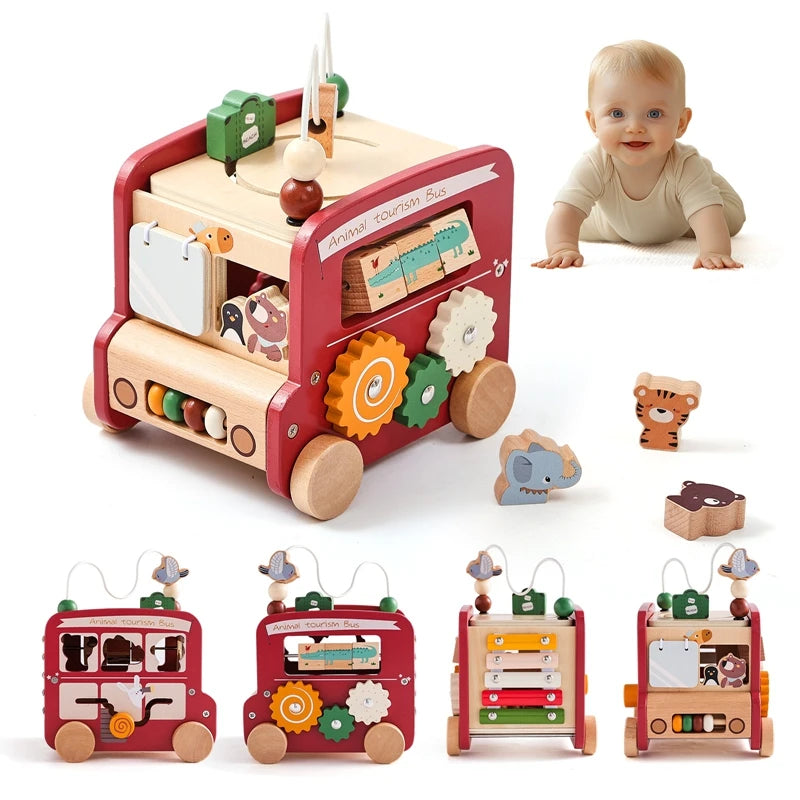 Montessori Busy Toys Educational Games Bus 5 in 1 Busy Box Toys Montessori Wooden Children Toys Baby Toys 0 12 months Gifts Kids